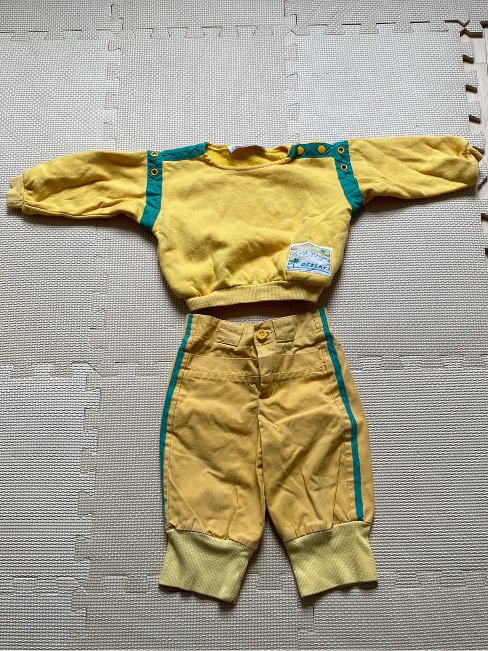 Vintage Catimini Yellow Two-Piece Baby Outfit with Teal Trim Size 2T